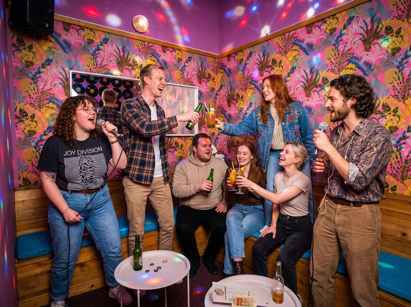 Gruppe stößt im Karaoke-Raum an