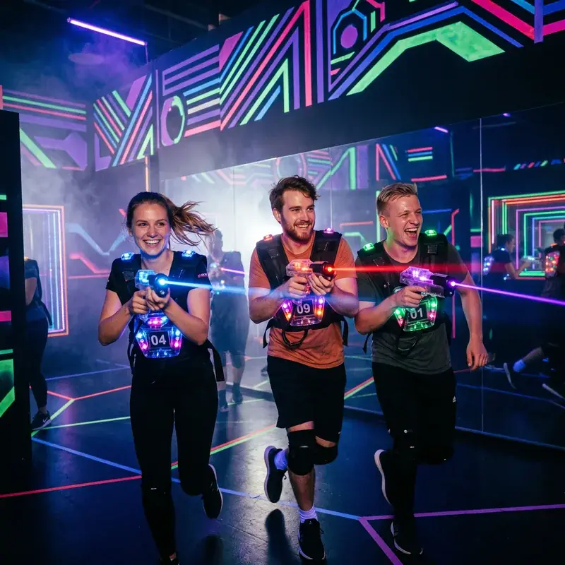 Drei Spieler stürmen durch die Lasertag Arena